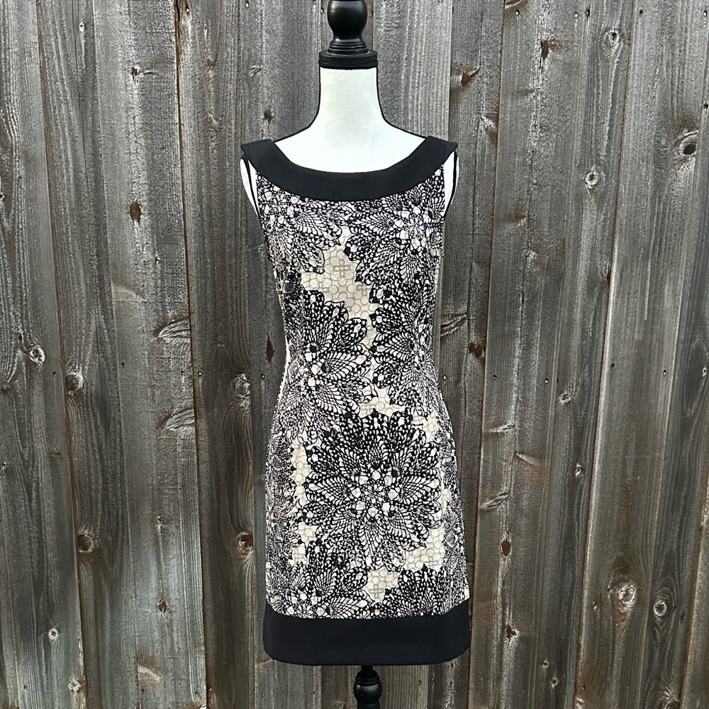 Connected Apparel Black and Cream Floral Mini Dress